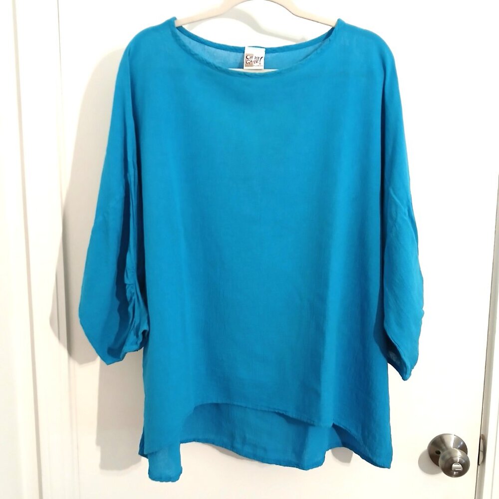 Oh My Gauze Boat Neck Tunic Top Ruched Sleeves 3 XXL Plus Turquoise